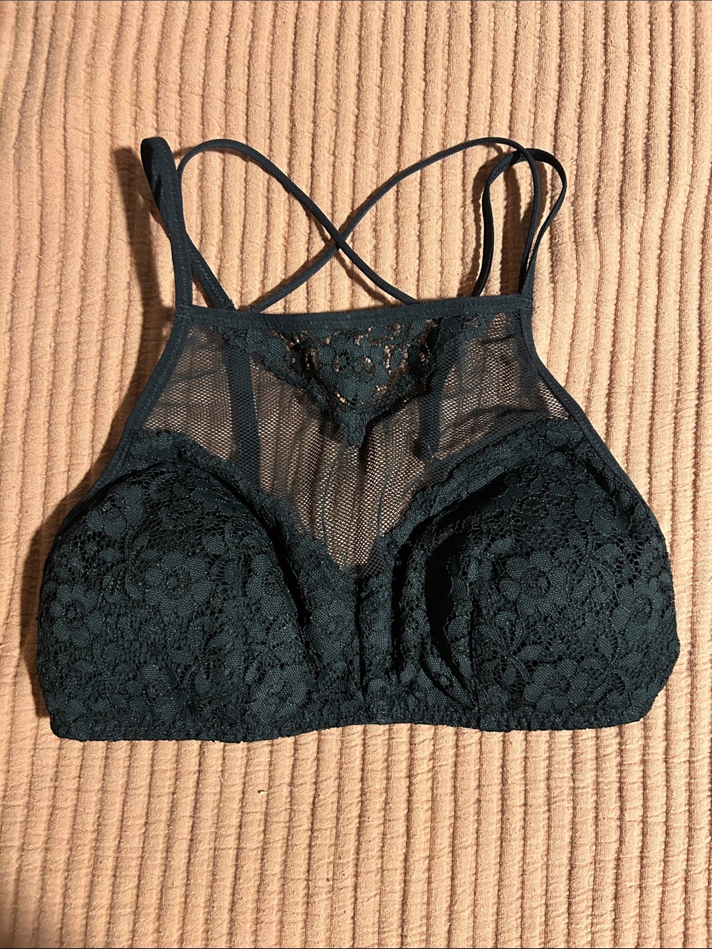 Black Lace High-Neck Bralette with Mesh Panel